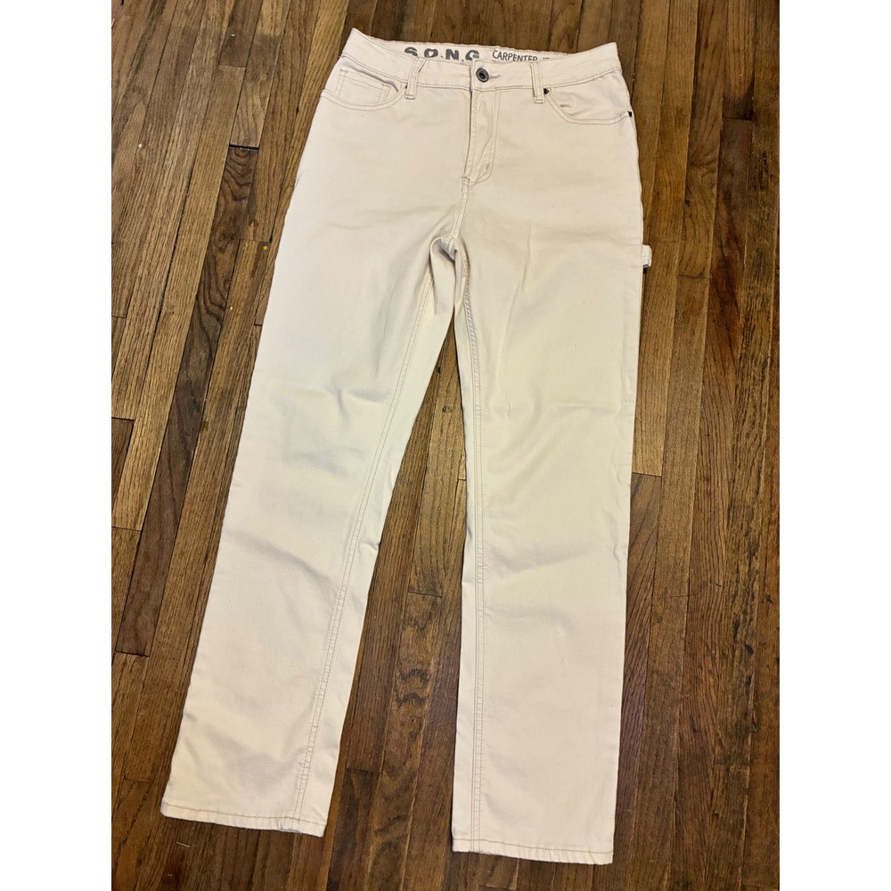 SONG High Rise Carpenter Jeans Cream Off White Stretch Straight Leg Utility 27